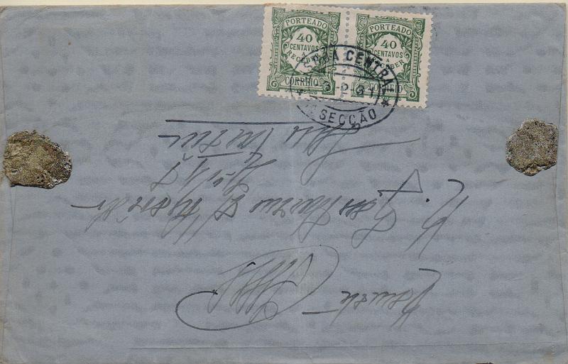 0508 f.jpg -     Lote:    508 (frente)                   Descrição:         Porteado. 1922/27 &mdash; Emissão regular. Unicolor. Sobrescrito circulado de Santarém (08.02.31) para Lisboa (09.02.31) sem franquia. Porteado no dobro do porte em falta com par de selos de 40c CE38.        Carta       Valor Base:     &euro; 10,00     Valor Venda:     &euro;      